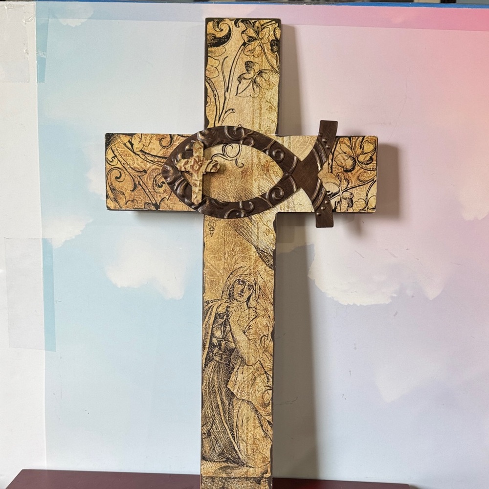 Decorative Wooden Cross with metal Artistic Design